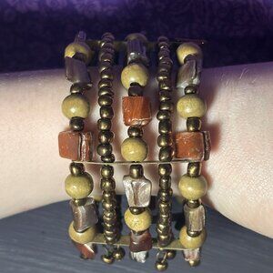 Beaded Wrap Bracelet Abalone Coppertone Wood Shell Earth Tone Jewelry C10